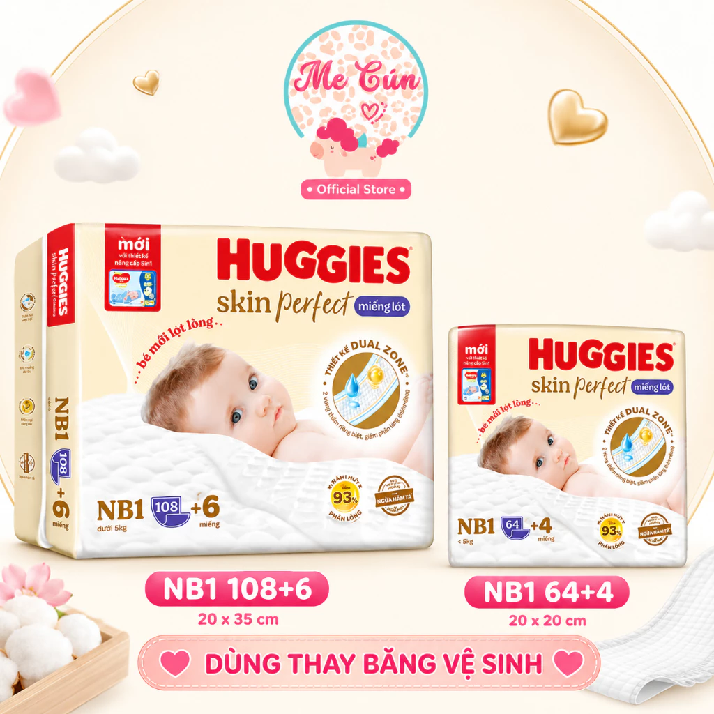 Miếng lót sơ sinh Huggies NB1 - 108 tặng 6 miếng, 64 tặng 4 miếng