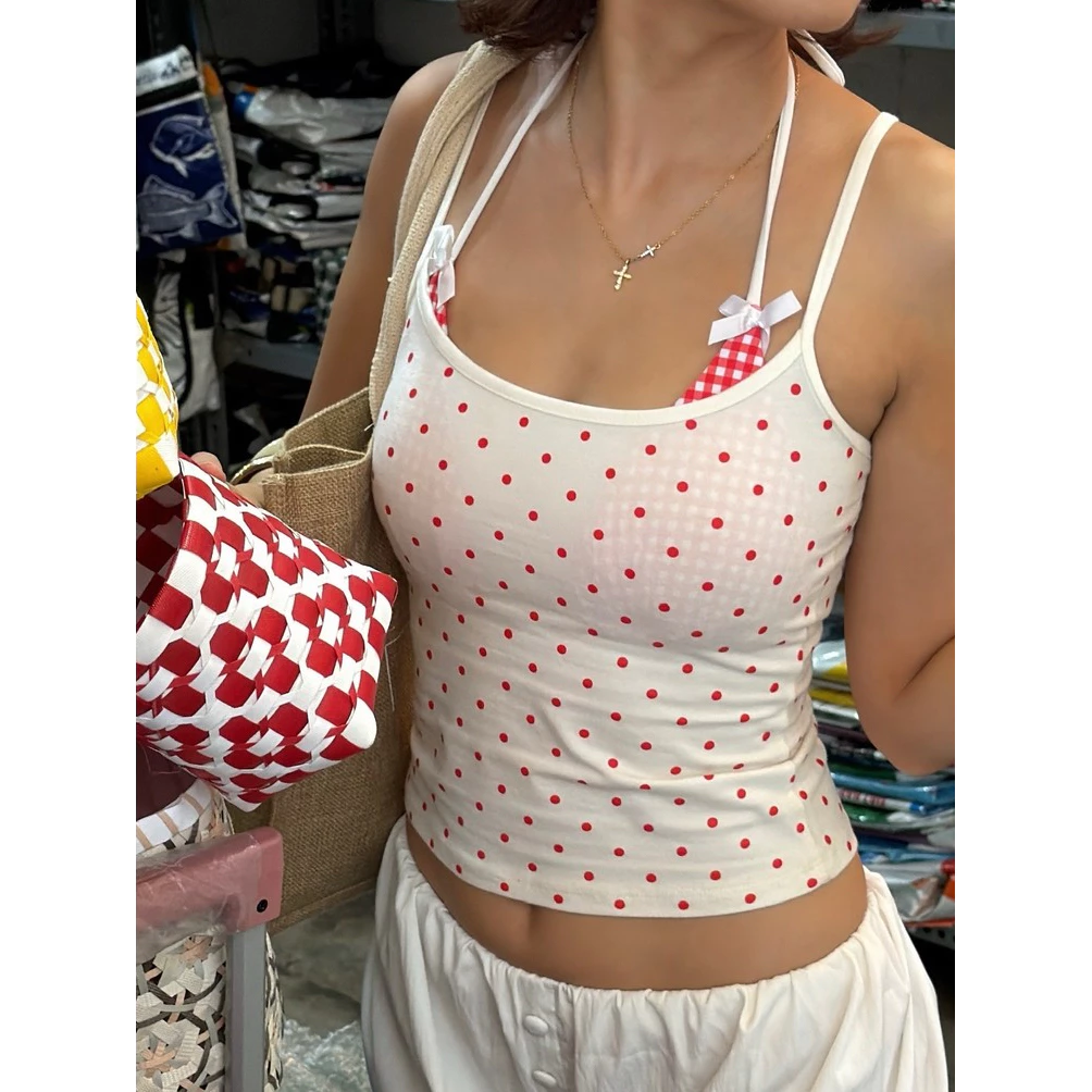 Áo 2 dây chấm bi đỏ tomato red & trắng chất cotton 4 chiều dày dặn ko lộ viền nội y | bananabu