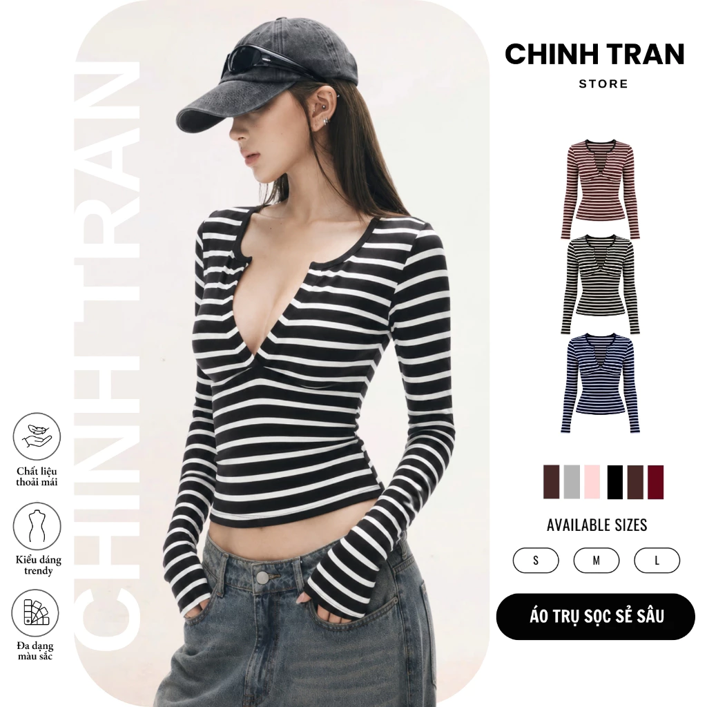 [MỞ BÁN] Áo Thun Nữ Cổ Trụ Sẻ V Tay Dài Kẻ Sọc Ngang Basic Sexy - Chinh Trần Store