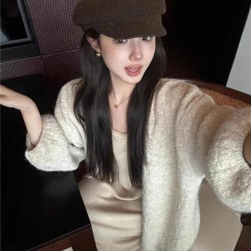 Áo khoác cardigan len lông Miuna màu trơn, Áo len dệt kim dáng basic phong cách tối giản CA38