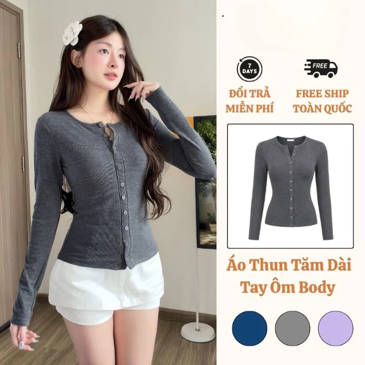 Áo Thun Dài Tay Ôm Body Cài Nút Trước T59 Áo Nữ Cổ Tròn Trơn Basic Đơn Giản
