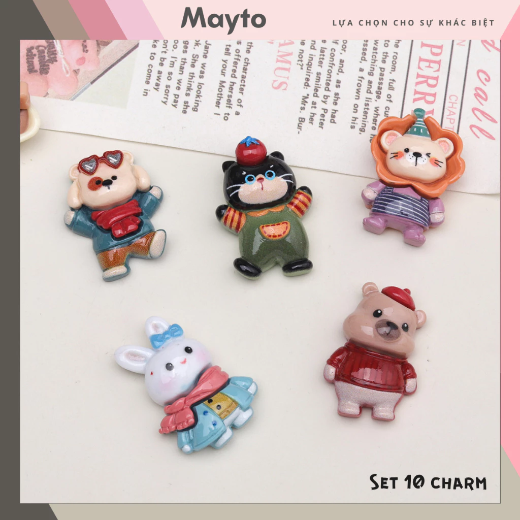 Bộ 10 Sticker, Charm 3D chủ đề Gấu mèo nhựa cứng gắn Dép Sục, Cá sấu Mayto JB-476