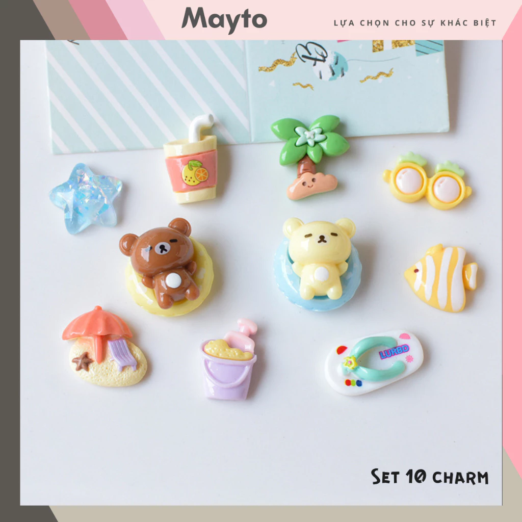 Bộ 10 Sticker, Charm 3D chủ đề Gấu phao mùa hè nhựa cứng gắn Dép Sục, Cá sấu Mayto JB-477