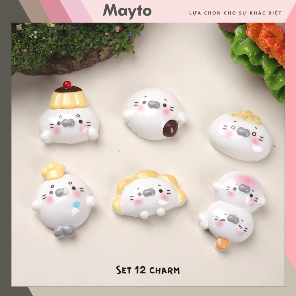 Bộ 12 Sticker, Charm 3D chủ đề Hải cẩu bánh bao nhựa cứng gắn Dép Sục, Cá sấu Mayto JB-478