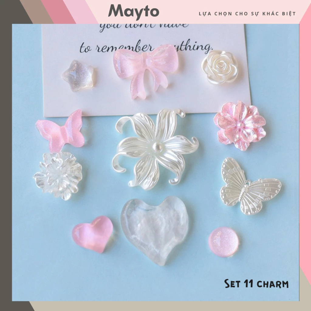 Bộ 11 Sticker, Charm 3D chủ đề Hoa nơ nhựa cứng gắn Dép Sục, Cá sấu Mayto JB-479