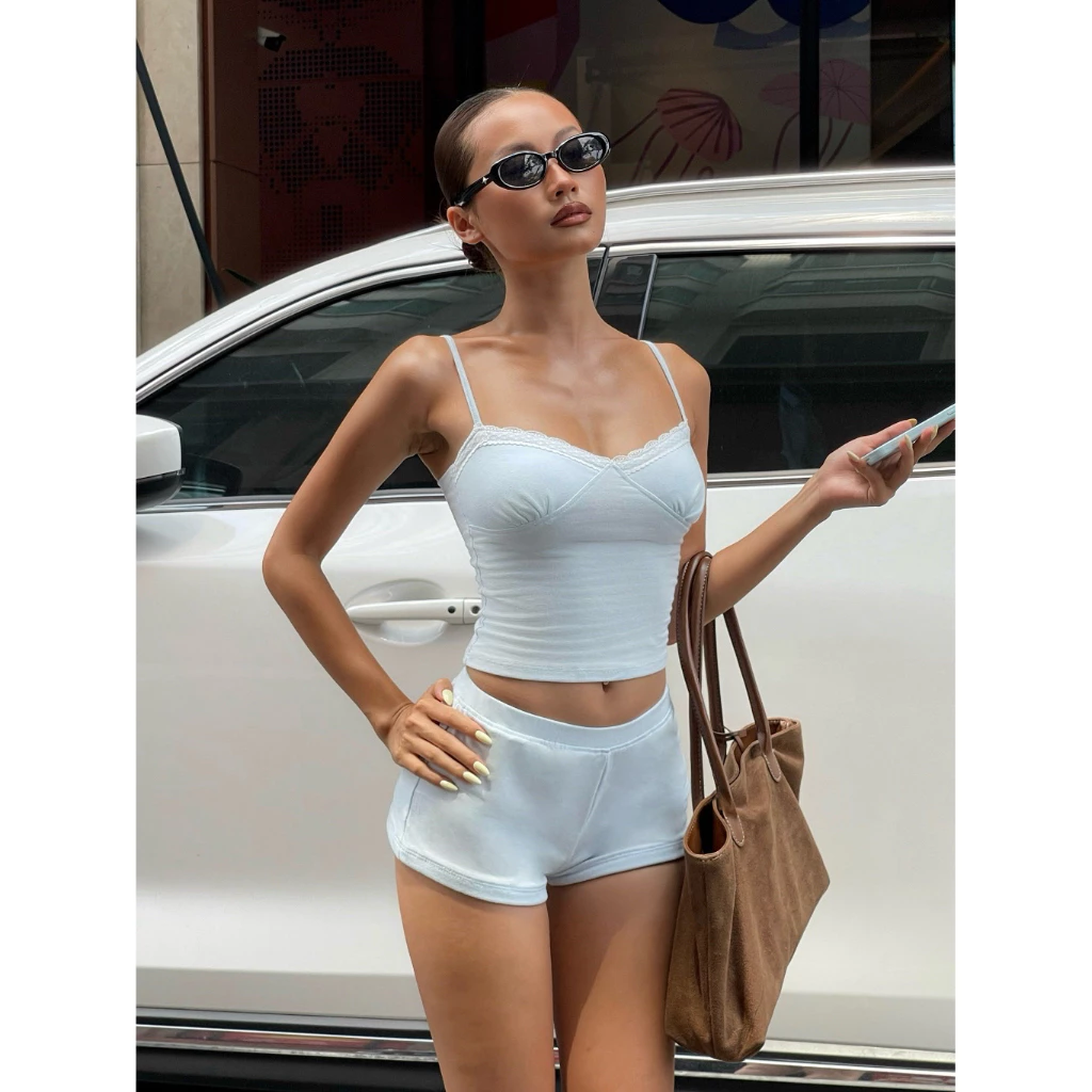 Set áo camisole & quần đùi nữ màu xanh icy blue & nâu tây viền ren chất cotton mềm có dây tăng đưa | bananabu