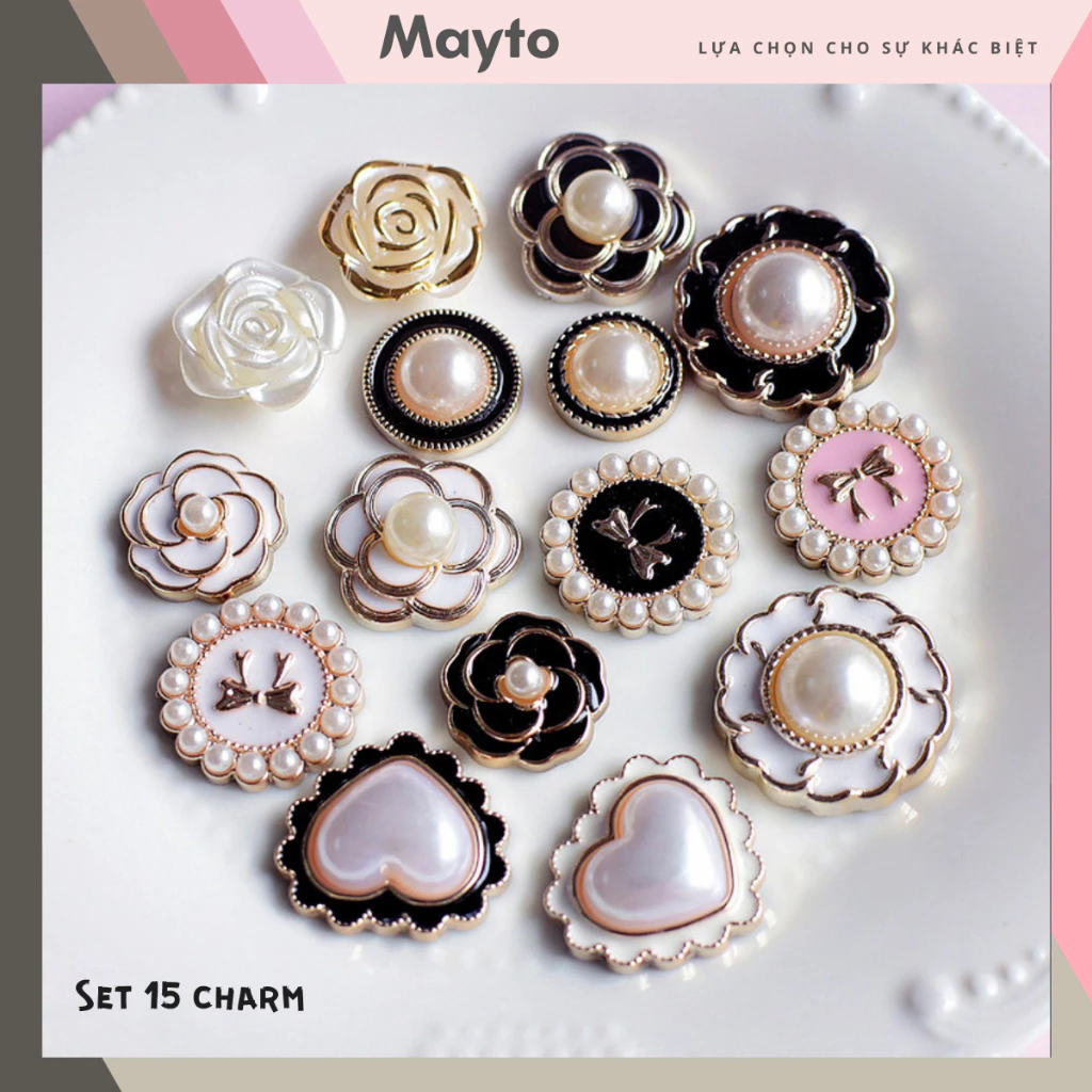 Bộ 15 Sticker, Charm 3D chủ đề Tim ngọc hoa nhựa cứng gắn Dép Sục, Cá sấu Mayto JB-482