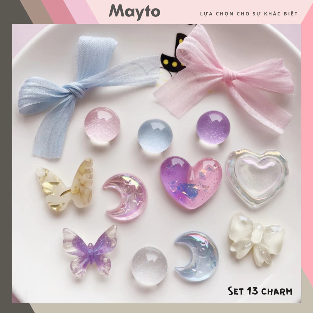 Bộ 13 Sticker, Charm 3D chủ đề Galaxy nơ voan nhựa cứng gắn Dép Sục, Cá sấu Mayto JB-483