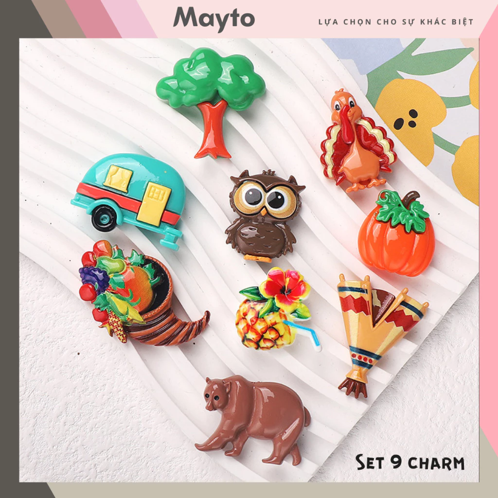 Bộ 9 Sticker, Charm 3D chủ đề Rừng cắm trại nhựa cứng gắn Dép Sục, Cá sấu Mayto JB-484