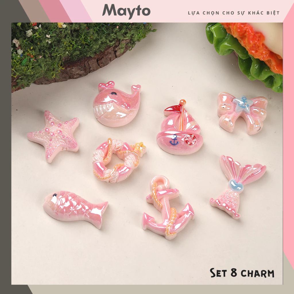 Bộ 8 Sticker, Charm 3D chủ đề Cá voi hồng nhỏ nhựa cứng gắn Dép Sục, Cá sấu Mayto JB-485