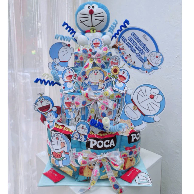 Tháp bánh kẹo nhiều tầng chủ đề Doremon, Tháp Quà Bánh Kẹo Trang Trí Doraemon Dễ Thương, Quà Sinh Nhật Cho Bé