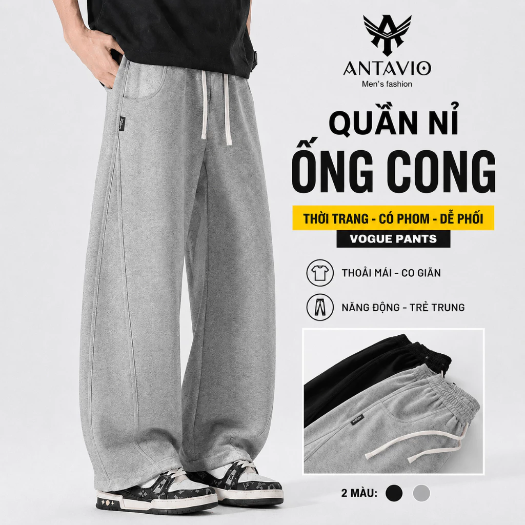 Quần Nỉ Nam Ống Cong ANTAVIO Vải Nỉ Mềm Ấm Áp, Form Rộng Trẻ Trung, Cạp Chun Dây Rút, 2 Màu  QN575