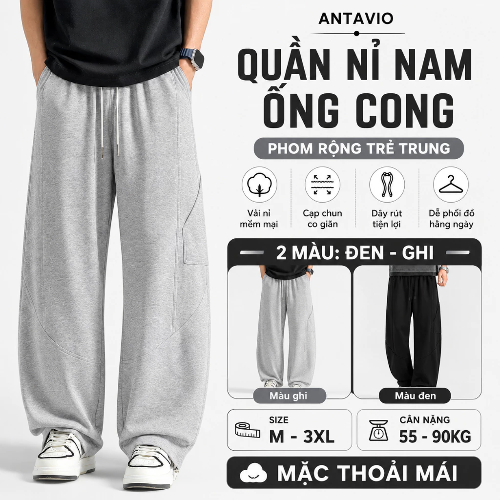 Quần Nỉ Nam Ống Cong ANTAVIO Đen Ghi – Mềm Mại Form Rộng Trẻ Trung Cạp Chun Dây Rút Dễ Phối Đồ QN577