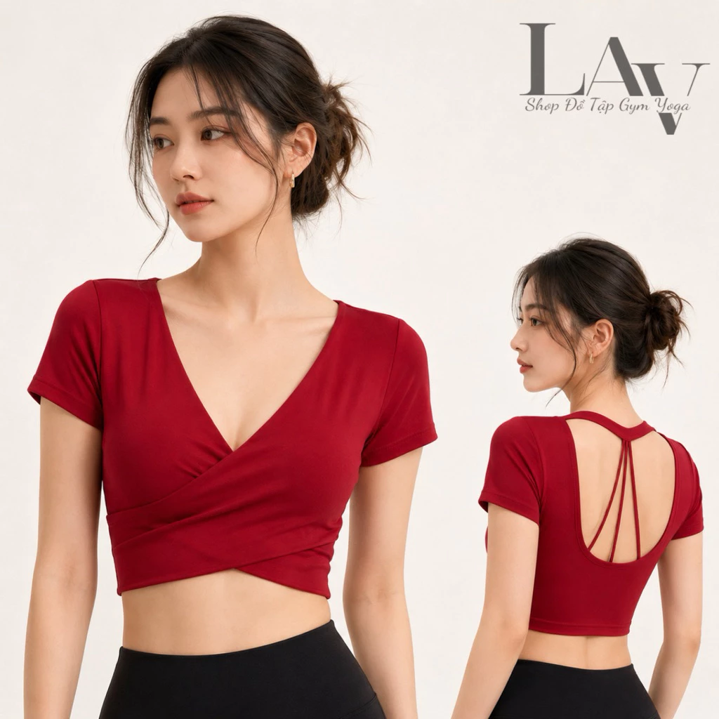Áo cộc tay tập gym yoga, pilates, có đệm mút nâng ngực, dây lưng đan chéo - LAV Activewear/DX401