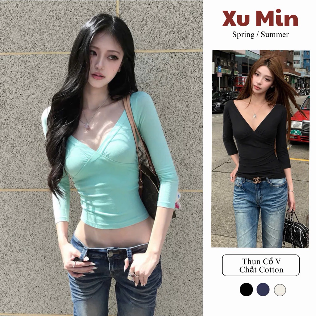 Áo Thun Xu Min Min Chất Cotton Dáng Lửng Tay Cổ V Hở Lưng ( Thun Lửng Tay Cổ V )