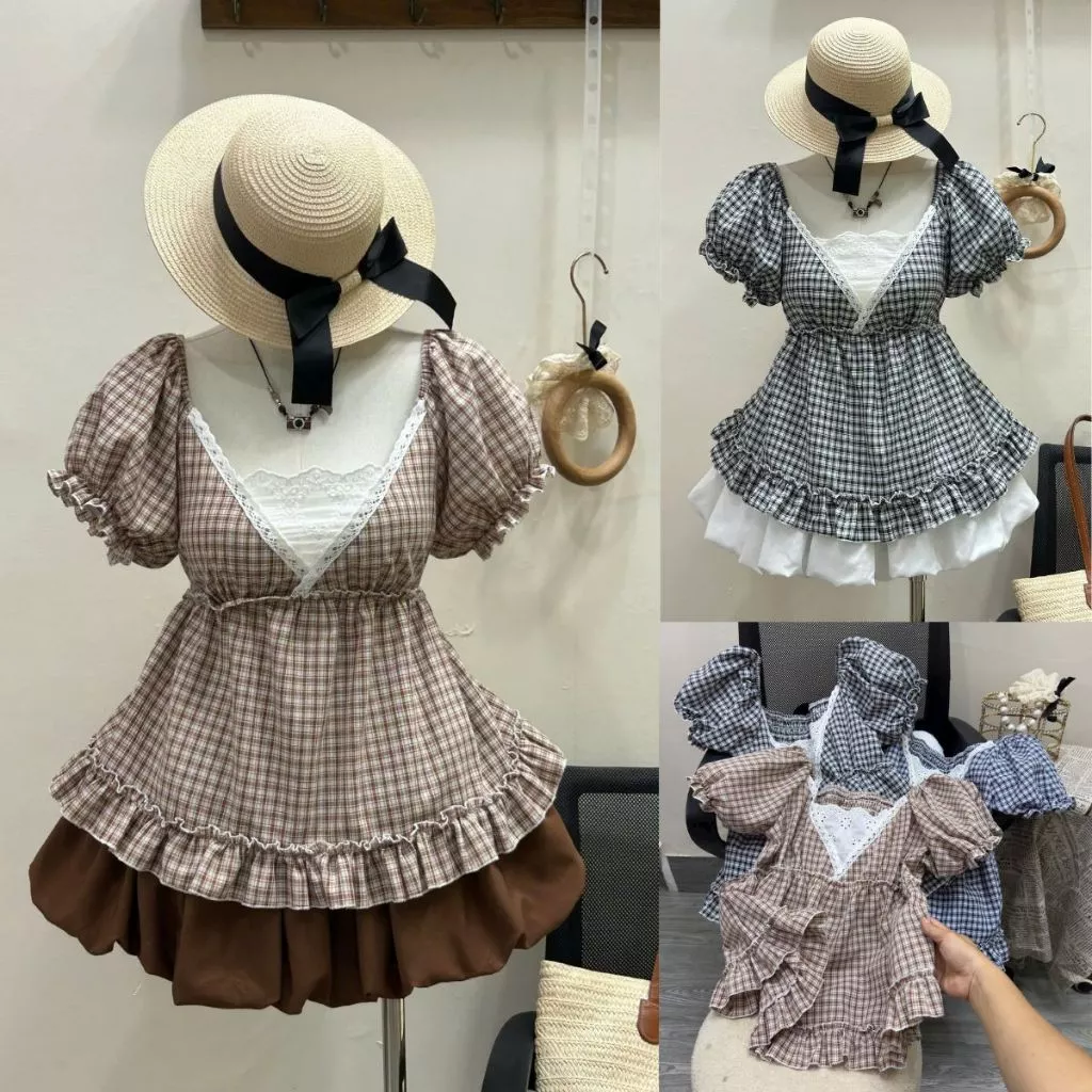 Set Bigsize Nữ Áo Kiểu BabyDoll Sọc Caro Phối Viền Bèo Ren Kèm Chân Váy Bí Lưng Chun Vintage - (A368+CV413)