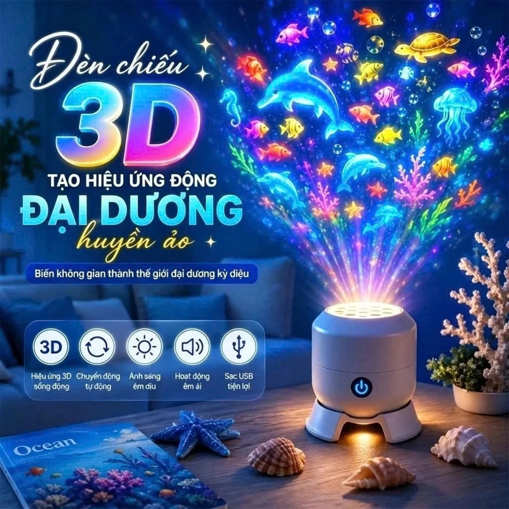Đèn chiếu 3D tạo hiệu ứng động độ nét cao, Đèn Led xoay tự động 360 độ đầy màu sắc chiếu bông tuyết, đại dương huyền ảo