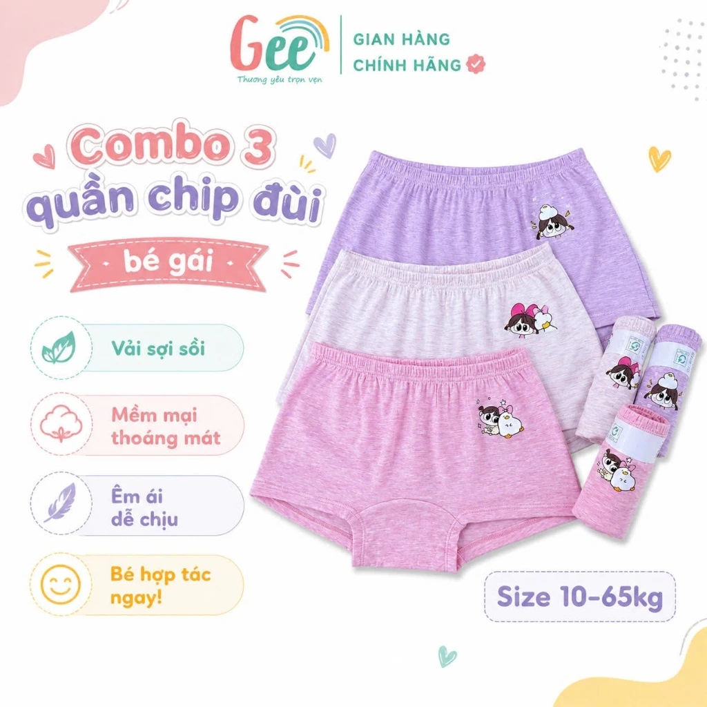 Quần chip bé gái Gee, set 3 quần lót đùi 10-65kg vải sợi sồi mềm mát, co giãn, kháng khuẩn, khử mùi