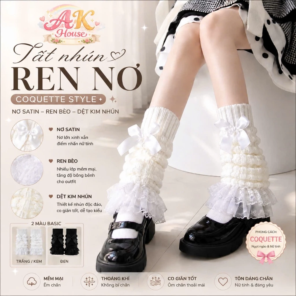 Tất Ống Nhún Ren Nơ Nữ TO12 Phong Cách Hàn Quốc, Tất Cổ Cao Phối Ren Nơ Satin Co Giãn Mềm Mại Dễ Phối Đồ