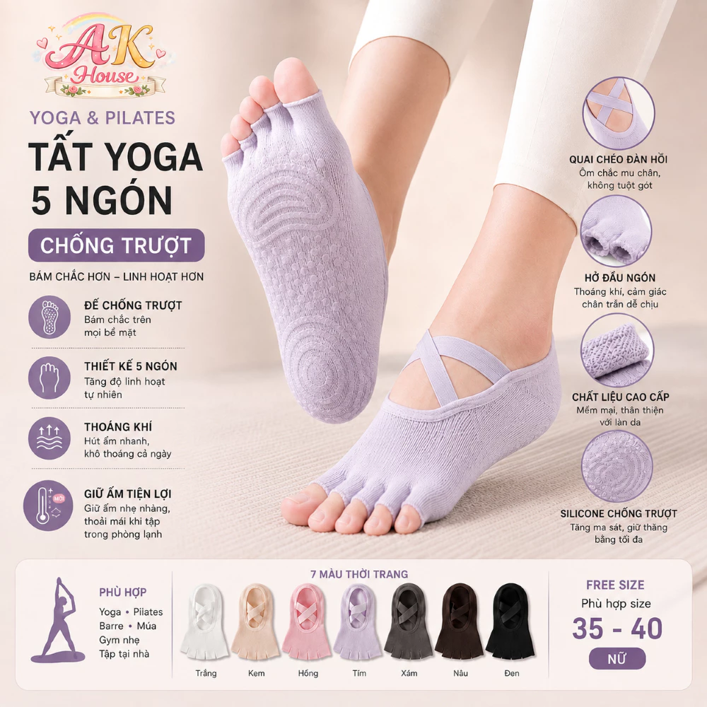 Tất Yoga 5 Ngón Nữ Chống Trượt Có Dây Chéo, Tất Pilates Hở Ngón Thoáng Khí Co Giãn Ôm Chân AK House