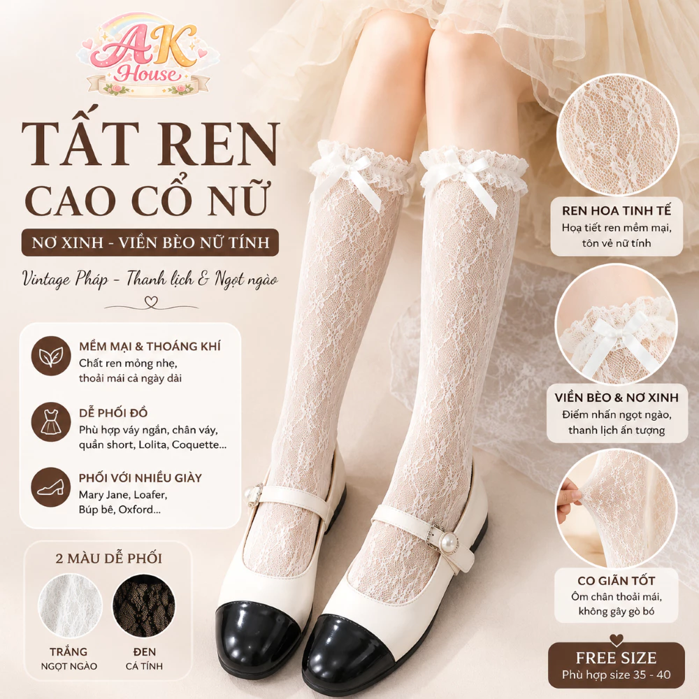 Tất Ren Nữ TG14 Cao Cổ Nơ Xinh Viền Bèo, Vớ Ren Hoa Vintage Coquette Tiểu Thư Phối Giày Mary Jane Trắng Đen