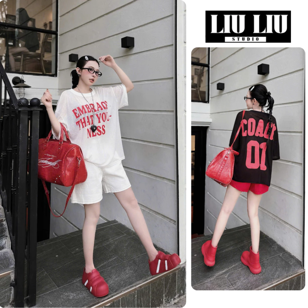 LIULIU- áo thun giấy nữ form rộng L59 01 in chữ đỏ phong cách hàn quốc trẻ trung unisex dễ phối đồ
