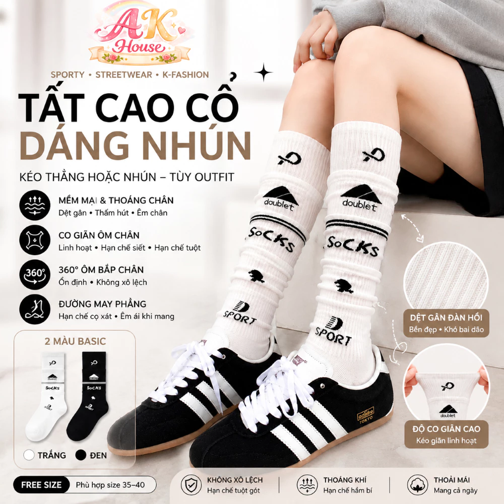 TG15 Tất Nữ Cao Cổ Dáng Nhún Phong Cách Hàn Quốc, Vớ Dài Co Giãn Họa Tiết Sporty Phối Sneaker