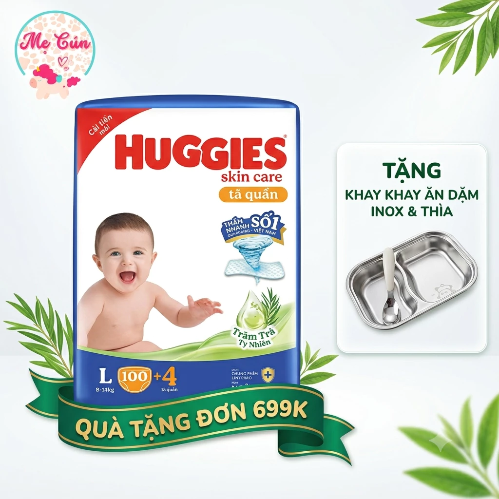 TÃ QUẦN HUGGIES MEGA SKIN CARE M102+4, L100+4, XL84+4, XXL76+4 Mẫu mới tràm trà chính hãng