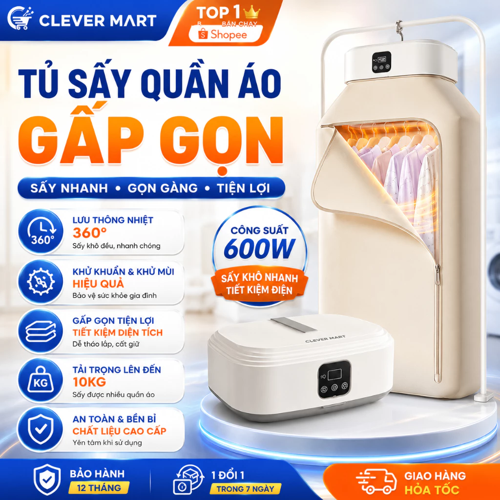 MÁY SẤY QUẦN ÁO MINI Gấp Gọn 10KG 600W Khử Khuẩn, Di Động Tự Ngắt, Sấy Nhanh