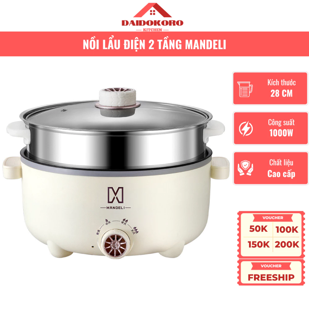 Nồi Lẩu Điện 2 Tầng MANDELI 4L Kèm Xửng Hấp INOX – Công Suất Cao, Nấu Lẩu, Canh, Xào, Hấp
