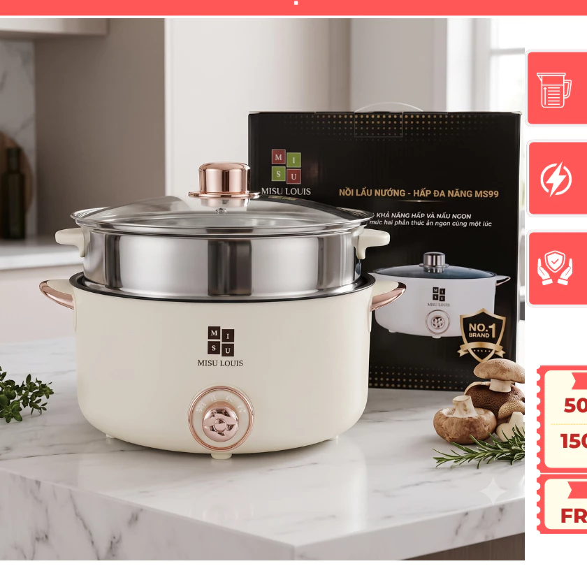 Nồi Lẩu Điện 2 Tầng Misu Louis Đa Năng, Chống Dính, Size 28cm, Tặng Kèm Xưởng Hấp