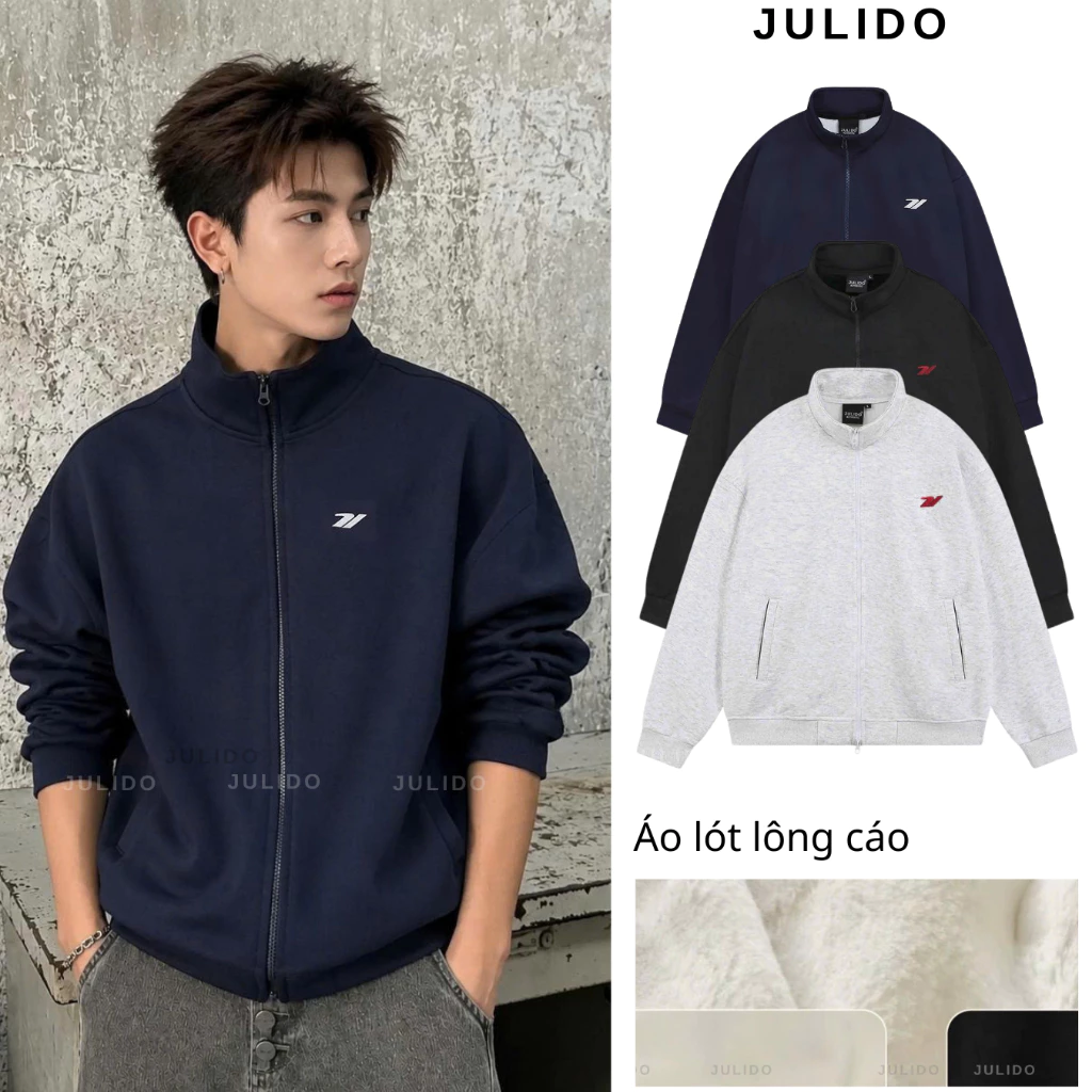 Áo khoác nam lông cáo chất liệu nỉ lót nhung cao cấp thêu JULIDO