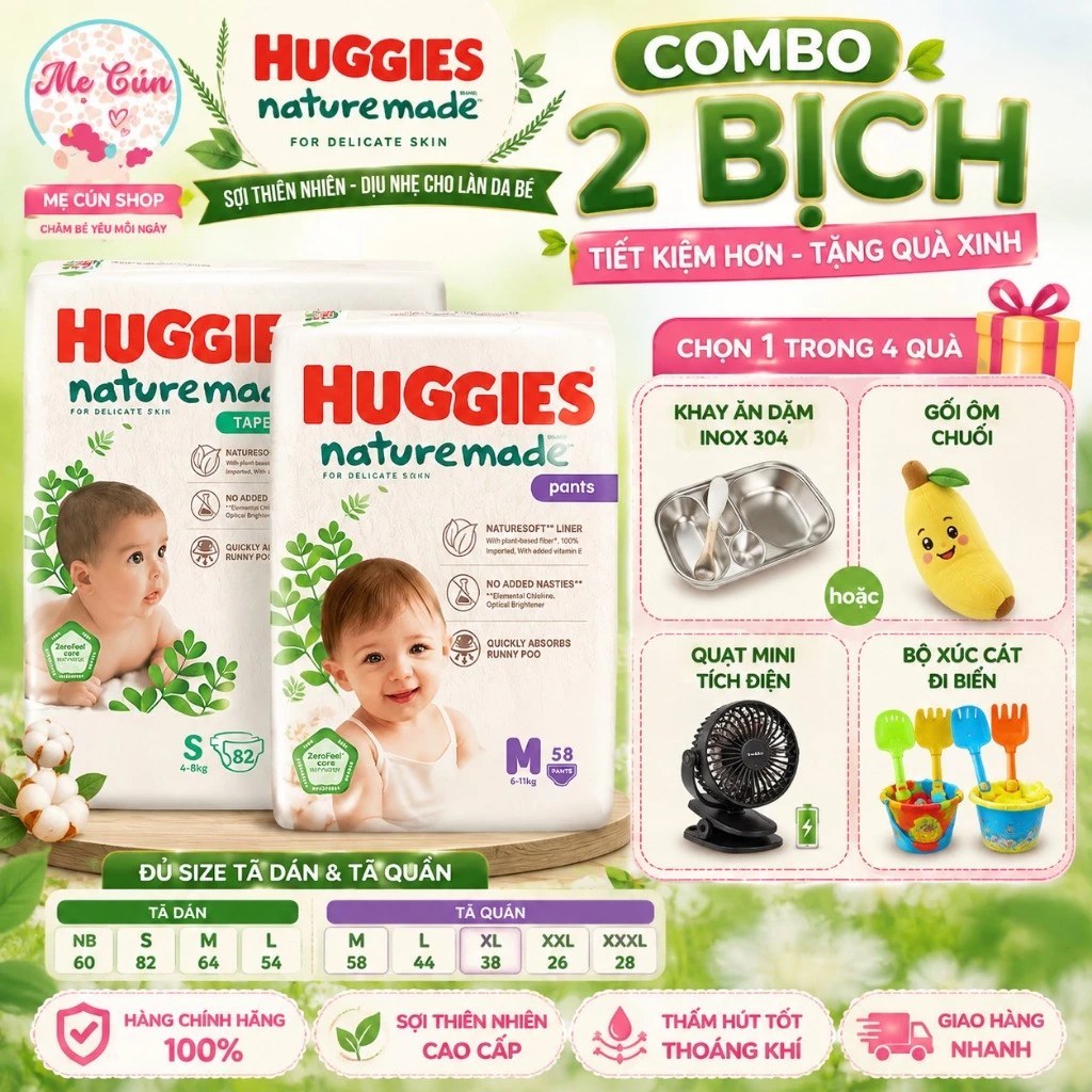 COMBO 2 BỊCH HUGGIES NATURE MADE – TÃ DÁN/QUẦN ĐỦ SIZE – SỢI THIÊN NHIÊN MỀM MỊN – TẶNG QUÀ