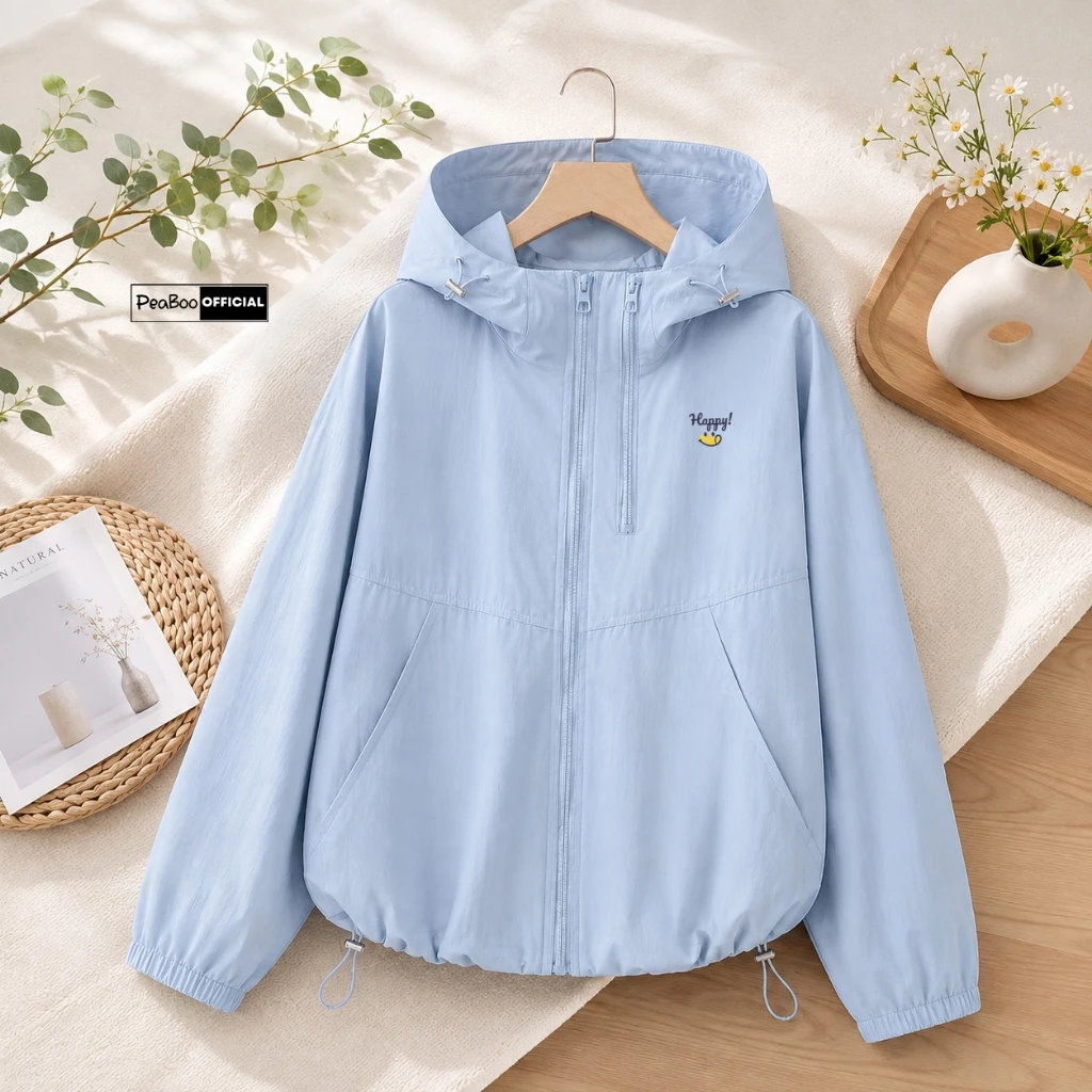 Áo Khoác Gió Nhăn, Áo Gió Nam Nữ By Peaboo Mã BST01 Mini Chống Nắng Thoáng Mát Có Mũ Form Rộng