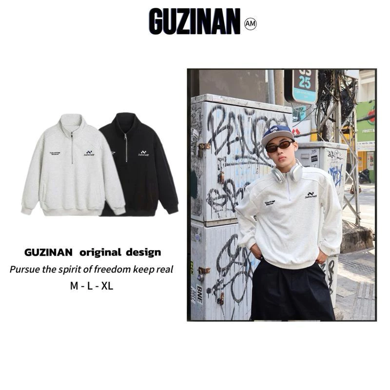 Áo Sweater Cổ Zip Vải Nỉ 2 Da By Guzinan Mềm Mịn Dày Dặn Hình Thêu Sắc Nét Có Khóa Cổ Fom Rộng Unisex Nam Nữ  2026 AN801