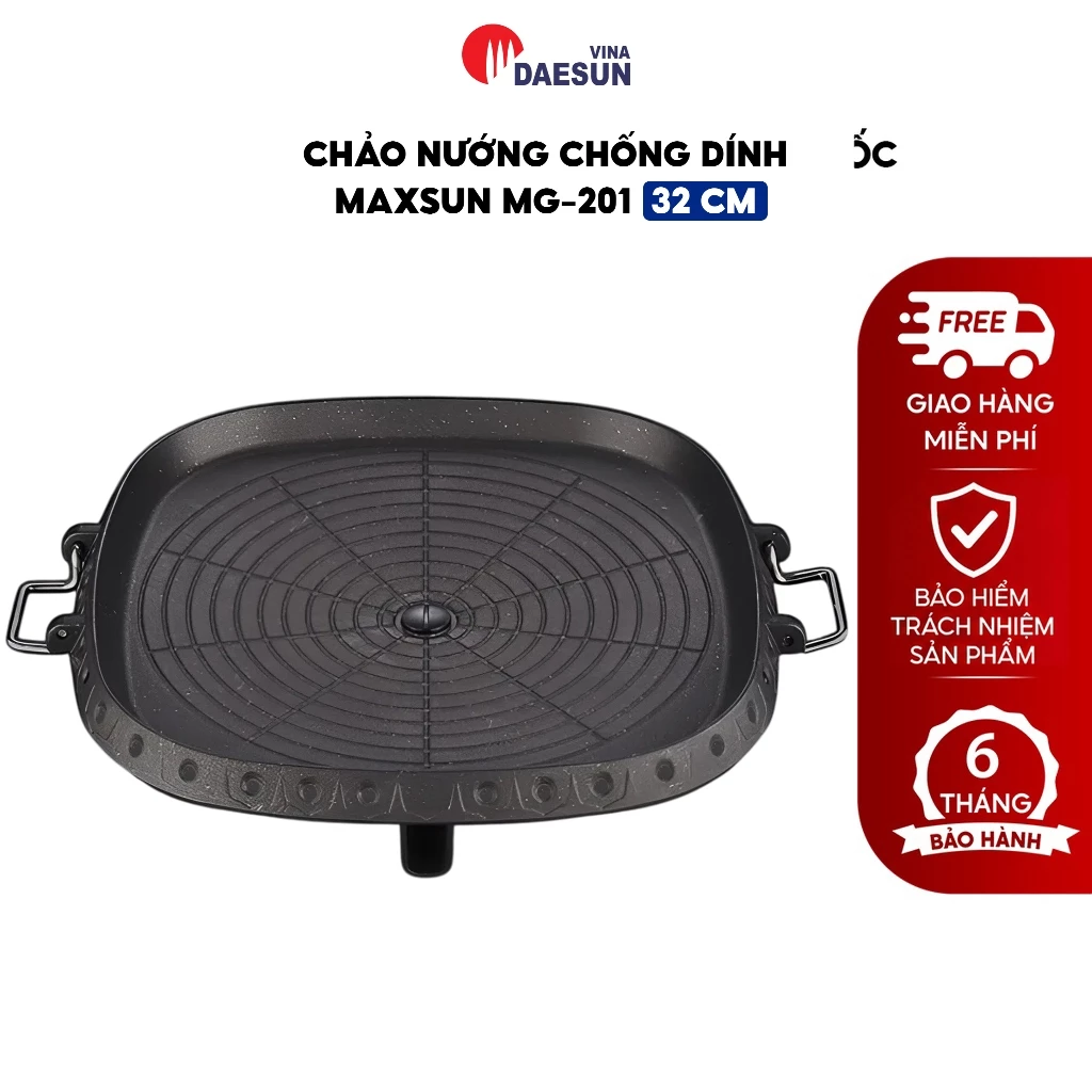 Chảo Nướng Chống Dính, Không Khói Maxsun (Vuông) - Lỗ Thoát Dầu Mỡ | 4 Lớp | Phủ Đá Cao Cấp