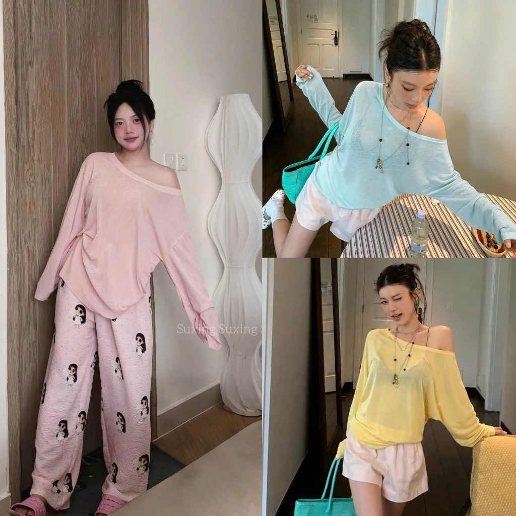 SUXING | Áo Thun Giấy Lệch Vai Nữ Tay Dài Mỏng Nhẹ Trendy Thu Đông - S353