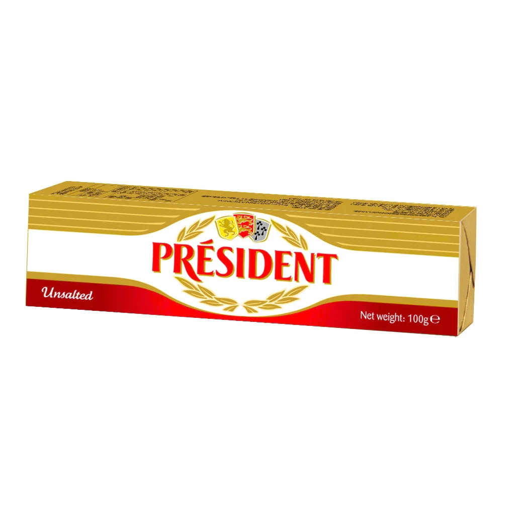 Bơ lạt cao cấp President nguyên khối 82% béo, nhập khẩu từ Pháp, đóng gói bằng nhôm chống rách - 100g