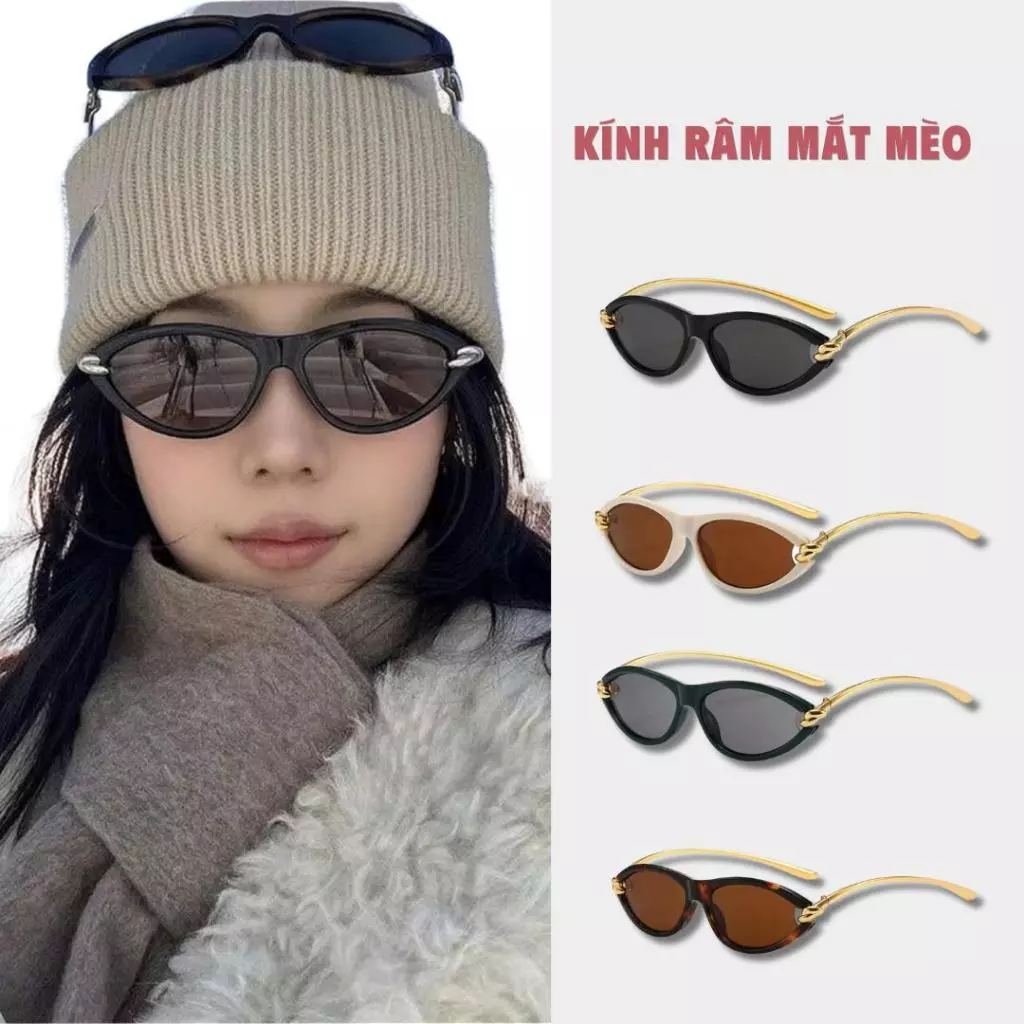 Kính Mắt Mèo Chống UV400, Gọng Kim Loại Mạ Vàng Cao Cấp, Kính Râm Thời Trang Hàn Quốc, Tôn Dáng Mặt