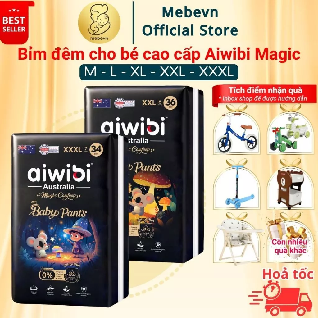 Bỉm đêm Aiwibi Magic, bỉm đêm Magic cho bé cao cấp, bỉm đêm aiwibi siêu mỏng đủ size đến 48 miếng