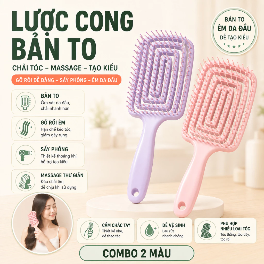 (Mẫu Mới) Lược cong bản to chải tóc massage tóc gỡ rối tạo kiểu sấy phồng tóc dễ dàng tiện lợi - TT79