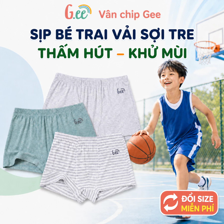 Set 3 sịp đùi Gee cho bé trai tập mặc vải sợi tre, gỗ sồi mềm mại thấm hút mồ hôi size 10-75kg.