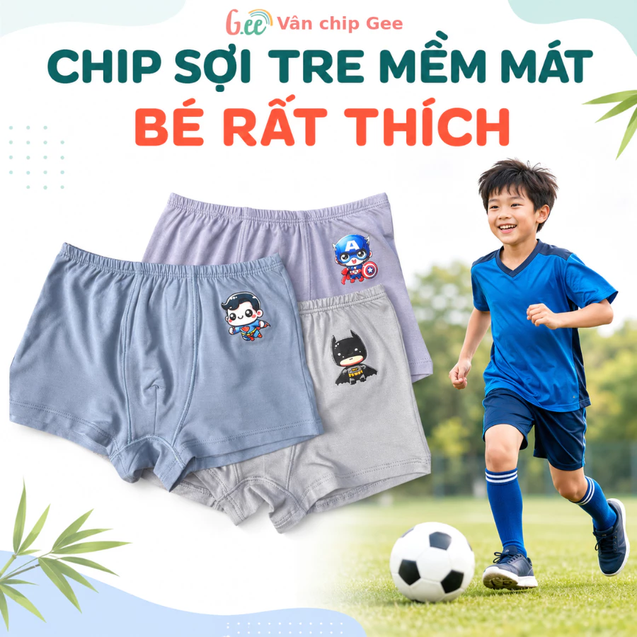 Set 3 sịp đùi bé trai Gee chun nhỏ thoải mái , vải sợi tre gỗ sồi mềm mại co dãn cho bé tập mặc.