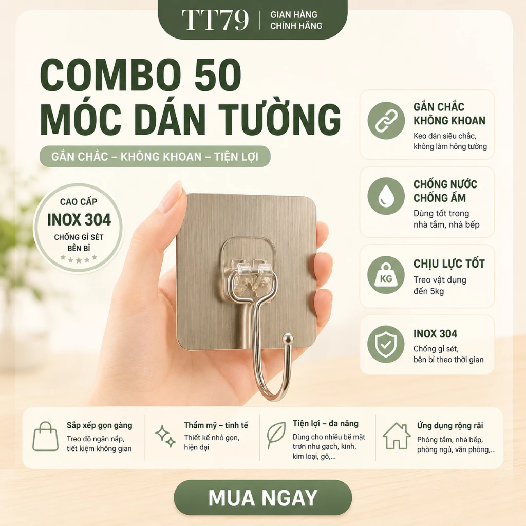 Combo 50 Móc Dán Tường Inox Mẫu Mới Dính Siêu Chắc Chịu Lực Tốt, Móc Treo Trong Nhà