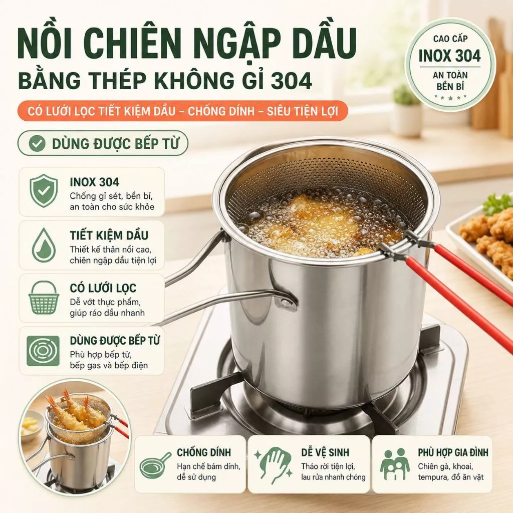 Nồi Chiên Ngập Dầu Bằng Thép Không Gỉ 304, Có Lưới Lọc Tiết Kiệm Dầu Chống Dính Siêu Tiện Lợi Dùng Được Bếp Từ