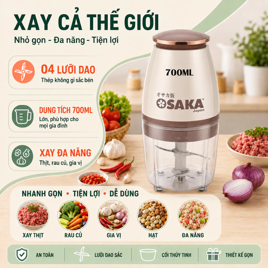 (Loại 1) Máy Xay Đa Năng Osaka Nhật Bản - Máy Xay Sinh Tố,Thịt Cao Cấp-Lưỡi Dao Lớn Không Gỉ - Bảo hành 1 năm