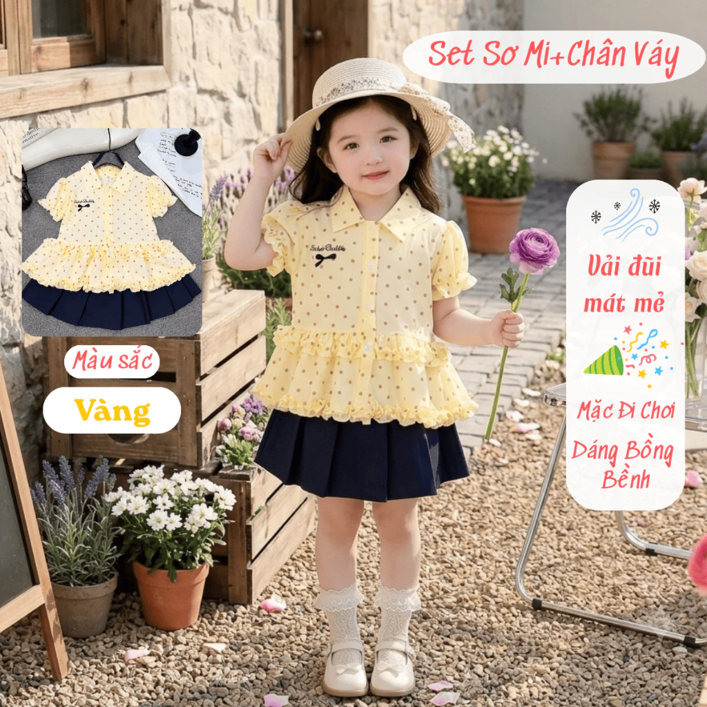 (XƯỞNG MAY HK) Set Áo Sơ Mi Kèm Chân Váy Xếp Ly Bé Gái - Đồ Bộ Vải Đũi Mềm Họa Tiết Chấm Bi Đi Học Đi Chơi (13-27kg)