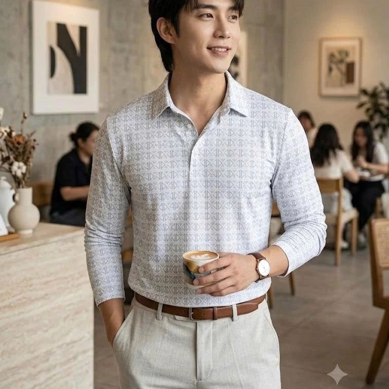 Áo thun tay dài X cổ polo họa tiết dành cho nam