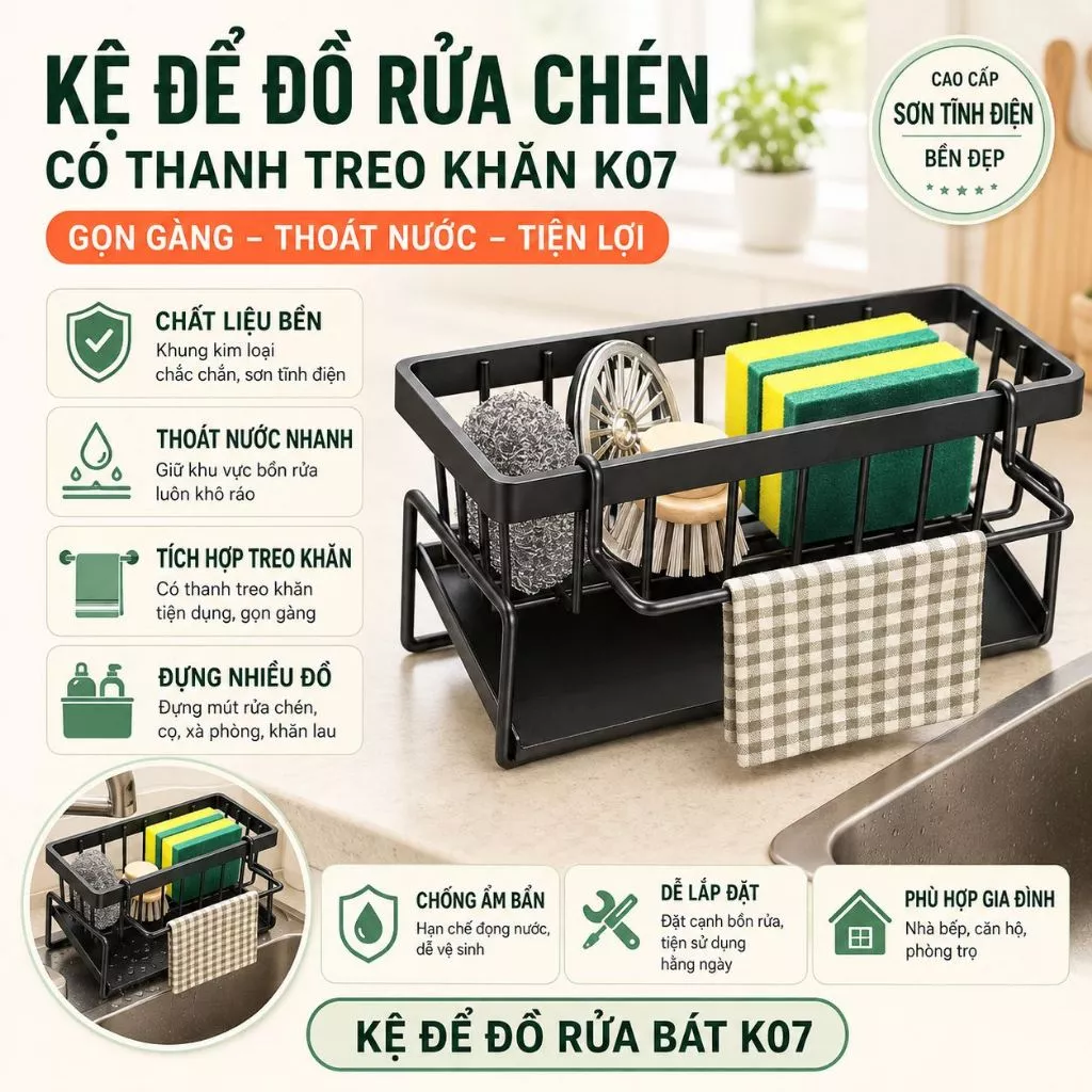 Kệ để đồ rửa chén có thanh treo khăn K07 - DỐC KHĂN, giá để đồ rửa bát, kệ đựng đồ rửa bát