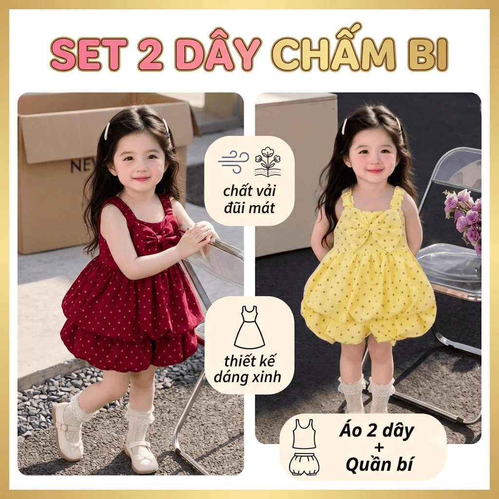 (XƯỞNG MAY HK) Set Trung Thu Hai Dây chấm bi Bé Gái Dáng Bí - Đầm Đũi Bo Gấu Đính Nơ Họa Tiết Chấm Bi (10-23kg)